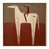 Red Balance Climbs the Ivory Horse - acrobat on horse painting by Isabelle Laurent, modern Western square wall art – wood frame on white background