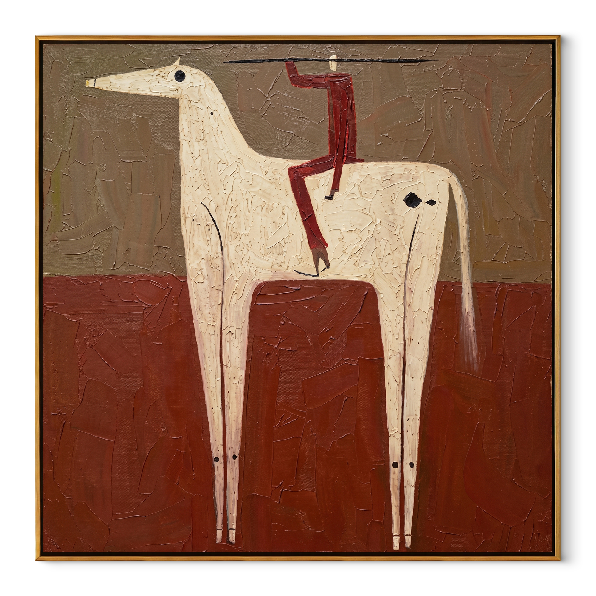 Red Balance Climbs the Ivory Horse - acrobat on horse painting by Isabelle Laurent, modern Western square wall art – wood frame on white background