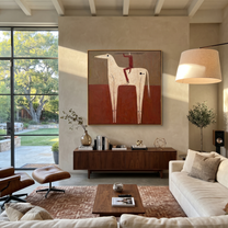 Red Balance Climbs the Ivory Horse - acrobat on horse painting by Isabelle Laurent, modern Western square wall art – styled room scene view 2