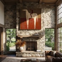 Red Balance Climbs the Ivory Horse - acrobat on horse painting by Isabelle Laurent, modern Western square wall art – styled room scene view 3