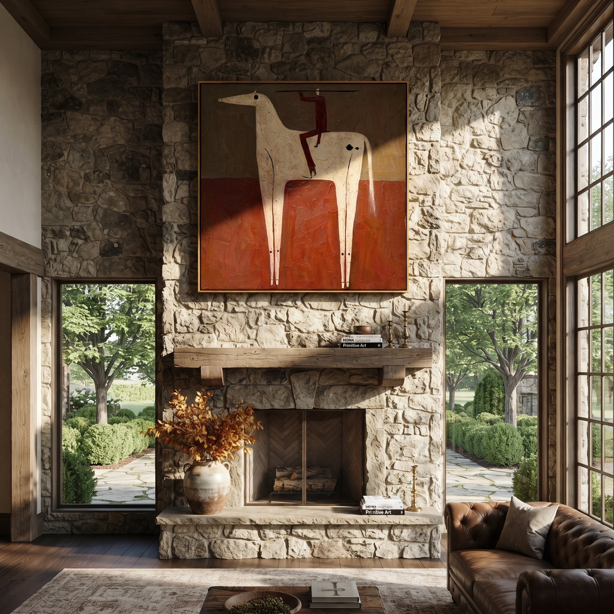 Red Balance Climbs the Ivory Horse - acrobat on horse painting by Isabelle Laurent, modern Western square wall art – styled room scene view 3