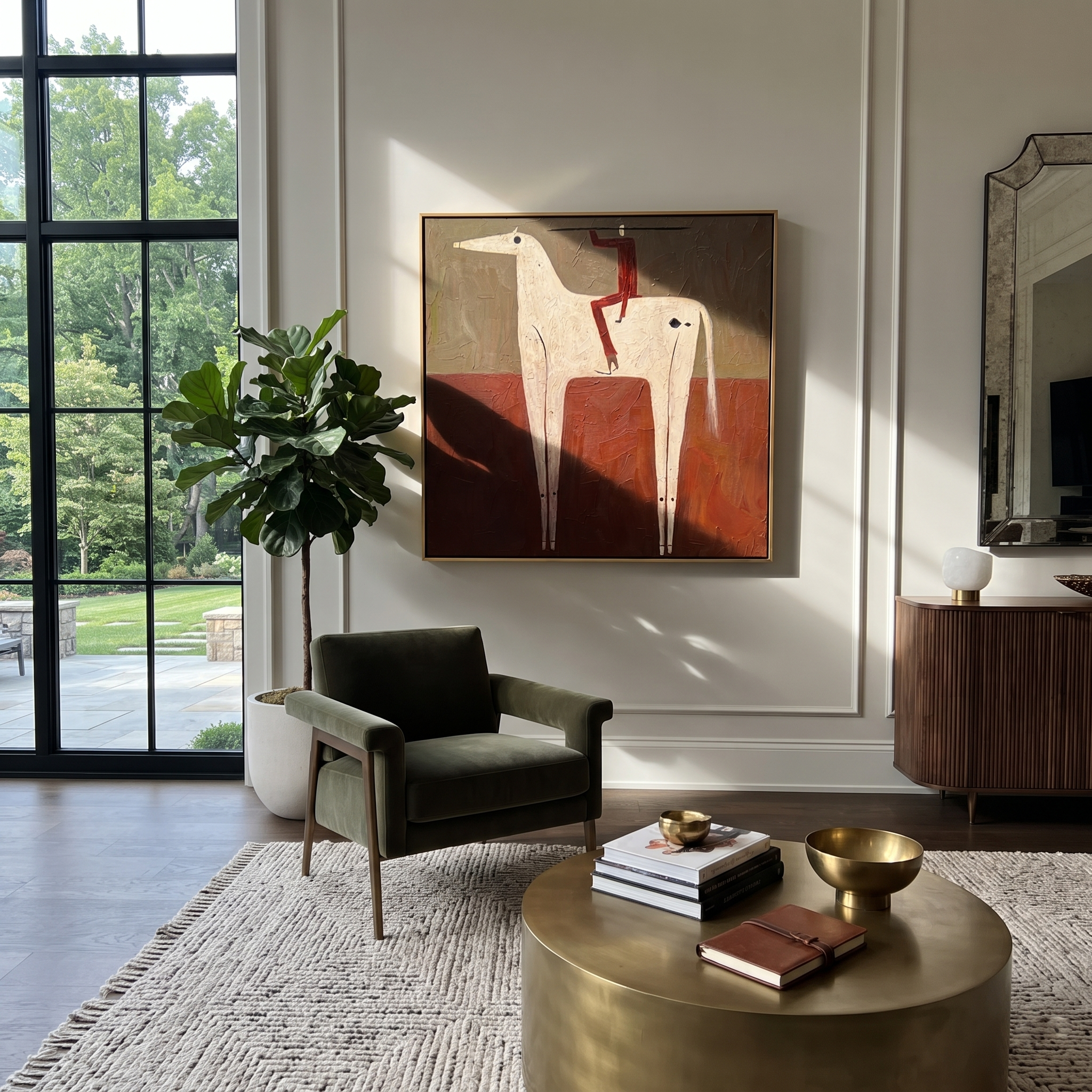 Red Balance Climbs the Ivory Horse - acrobat on horse painting by Isabelle Laurent, modern Western square wall art – styled room scene view 4
