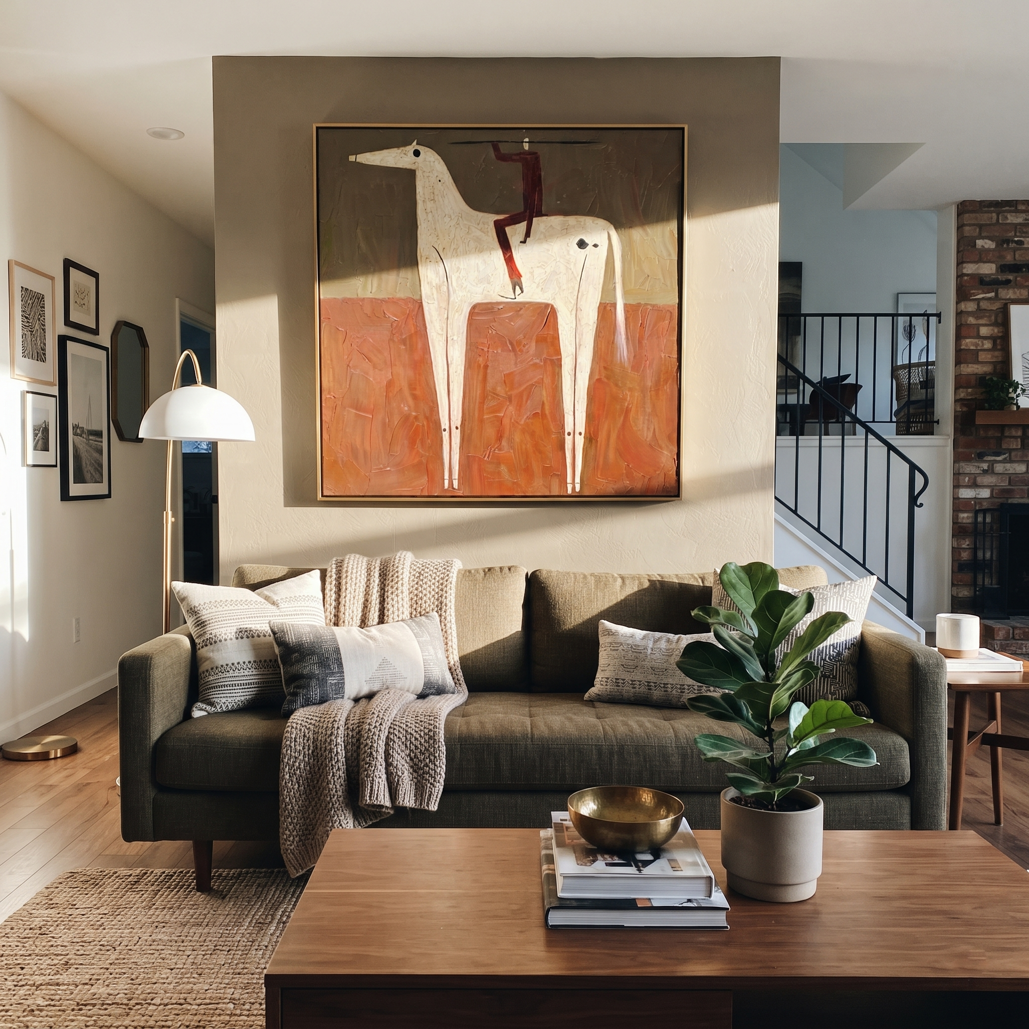 Red Balance Climbs the Ivory Horse - acrobat on horse painting by Isabelle Laurent, modern Western square wall art – styled room scene view 5