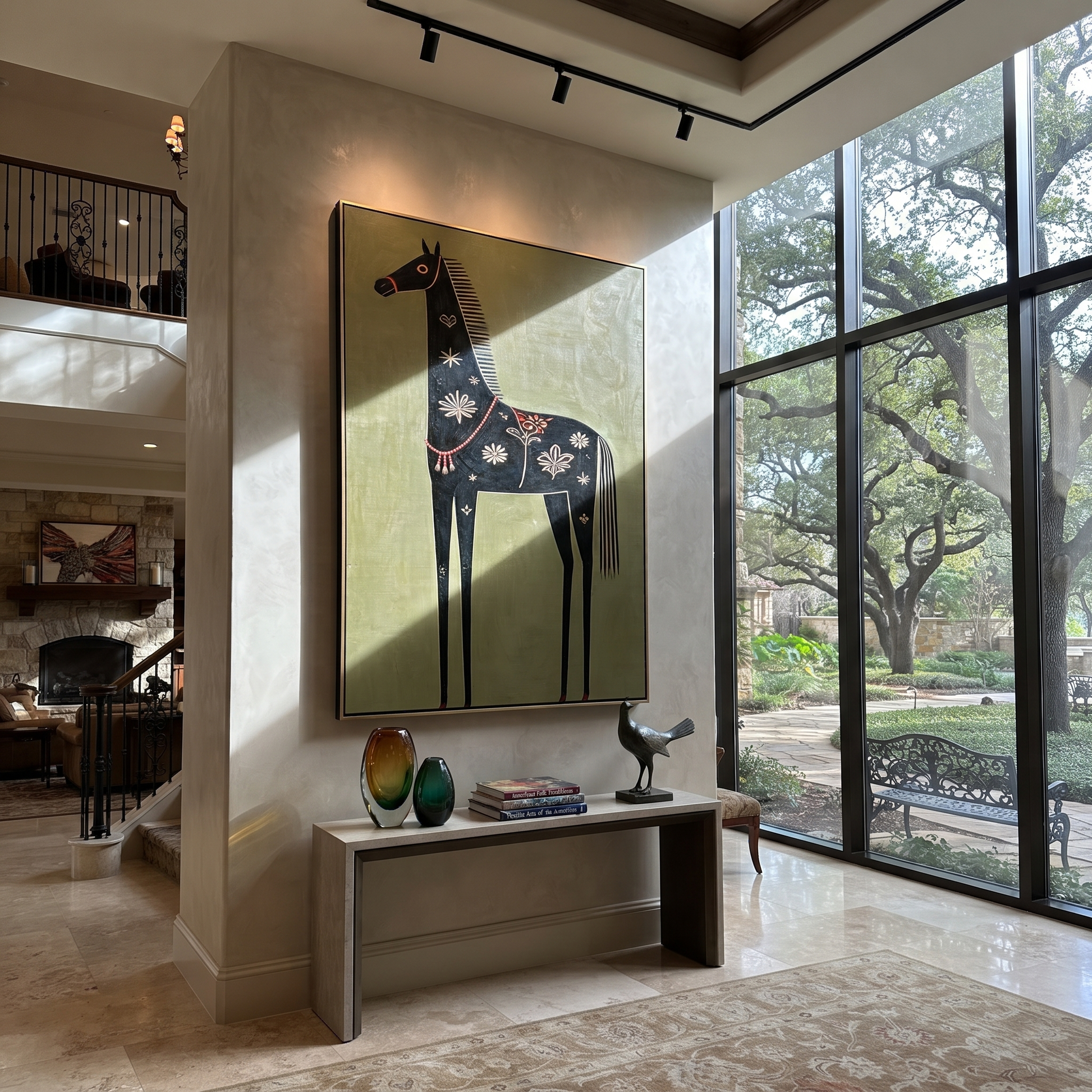 Golden Flowers Dress the Black Horse - decorative black horse painting by Isabelle Laurent, modern Western vertical wall art – styled room scene view 1