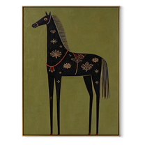 Golden Flowers Dress the Black Horse - decorative black horse painting by Isabelle Laurent, modern Western vertical wall art – wood frame on white background