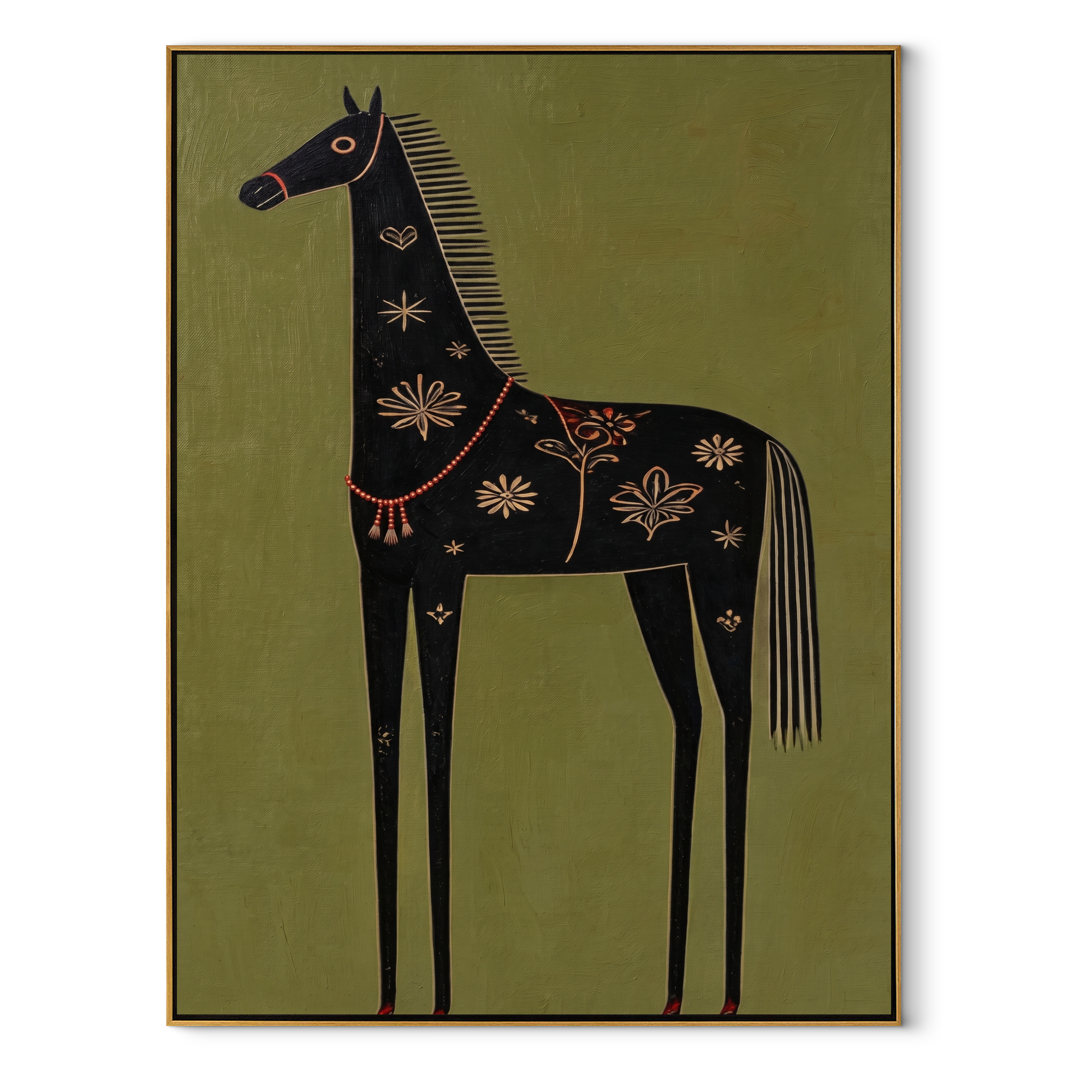 Golden Flowers Dress the Black Horse - decorative black horse painting by Isabelle Laurent, modern Western vertical wall art – wood frame on white background
