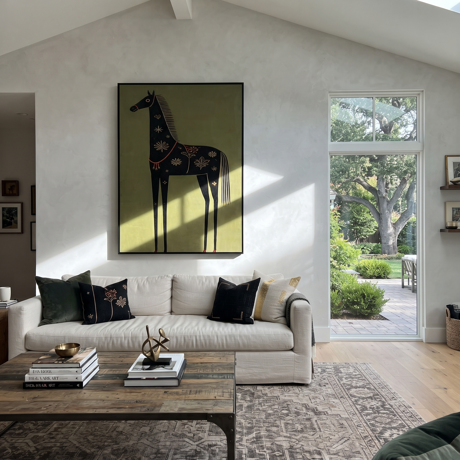 Golden Flowers Dress the Black Horse - decorative black horse painting by Isabelle Laurent, modern Western vertical wall art – styled room scene view 2