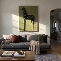 Golden Flowers Dress the Black Horse - decorative black horse painting by Isabelle Laurent, modern Western vertical wall art – styled room scene view 5