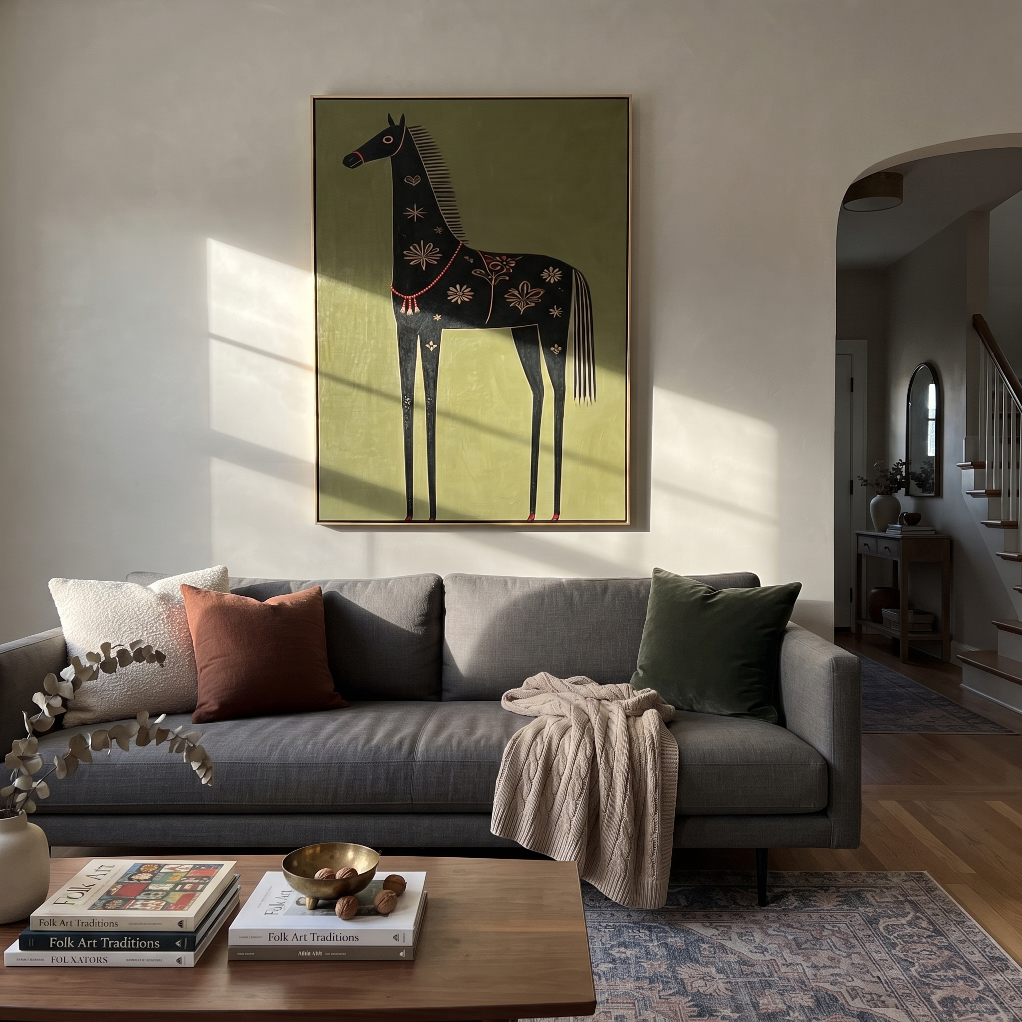 Golden Flowers Dress the Black Horse - decorative black horse painting by Isabelle Laurent, modern Western vertical wall art – styled room scene view 5