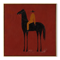 Ochre Stillness Fills the Red Square - black horse rider painting by Isabelle Laurent, modern Western square wall art – wood frame on white background
