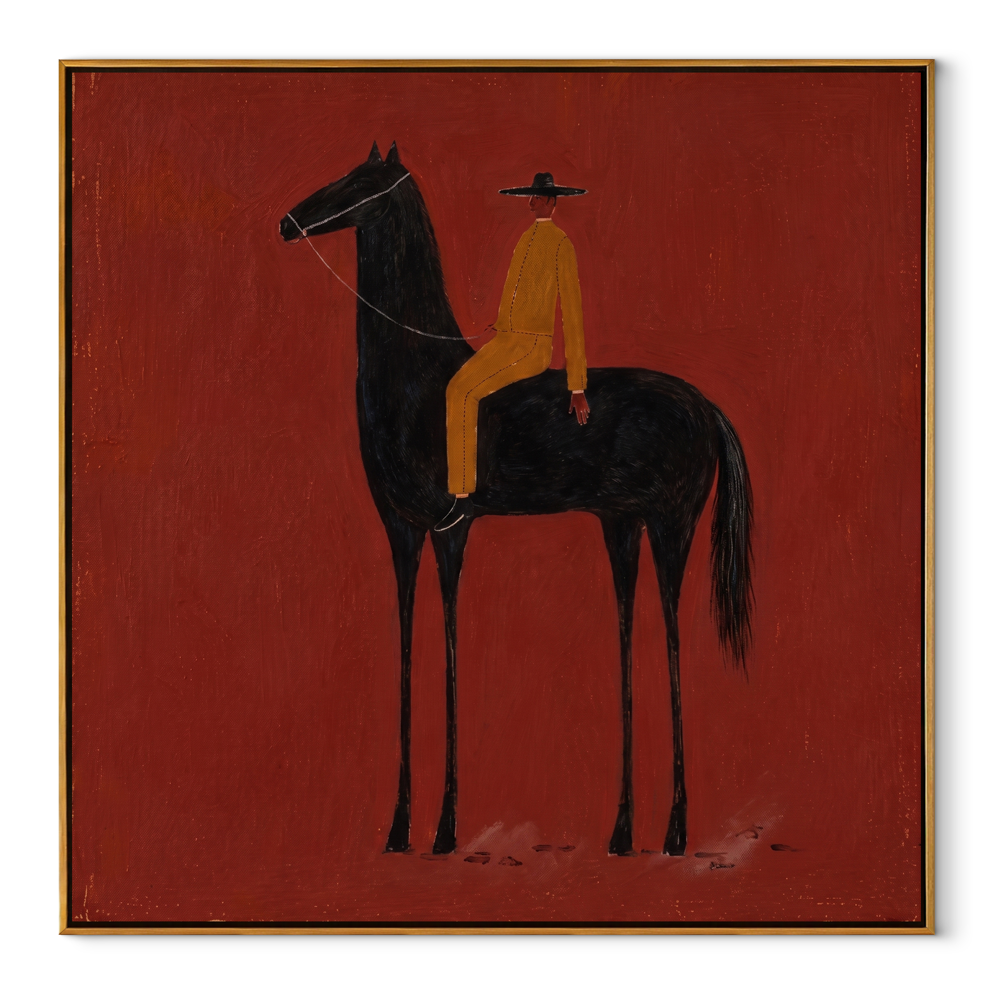 Ochre Stillness Fills the Red Square - black horse rider painting by Isabelle Laurent, modern Western square wall art – wood frame on white background