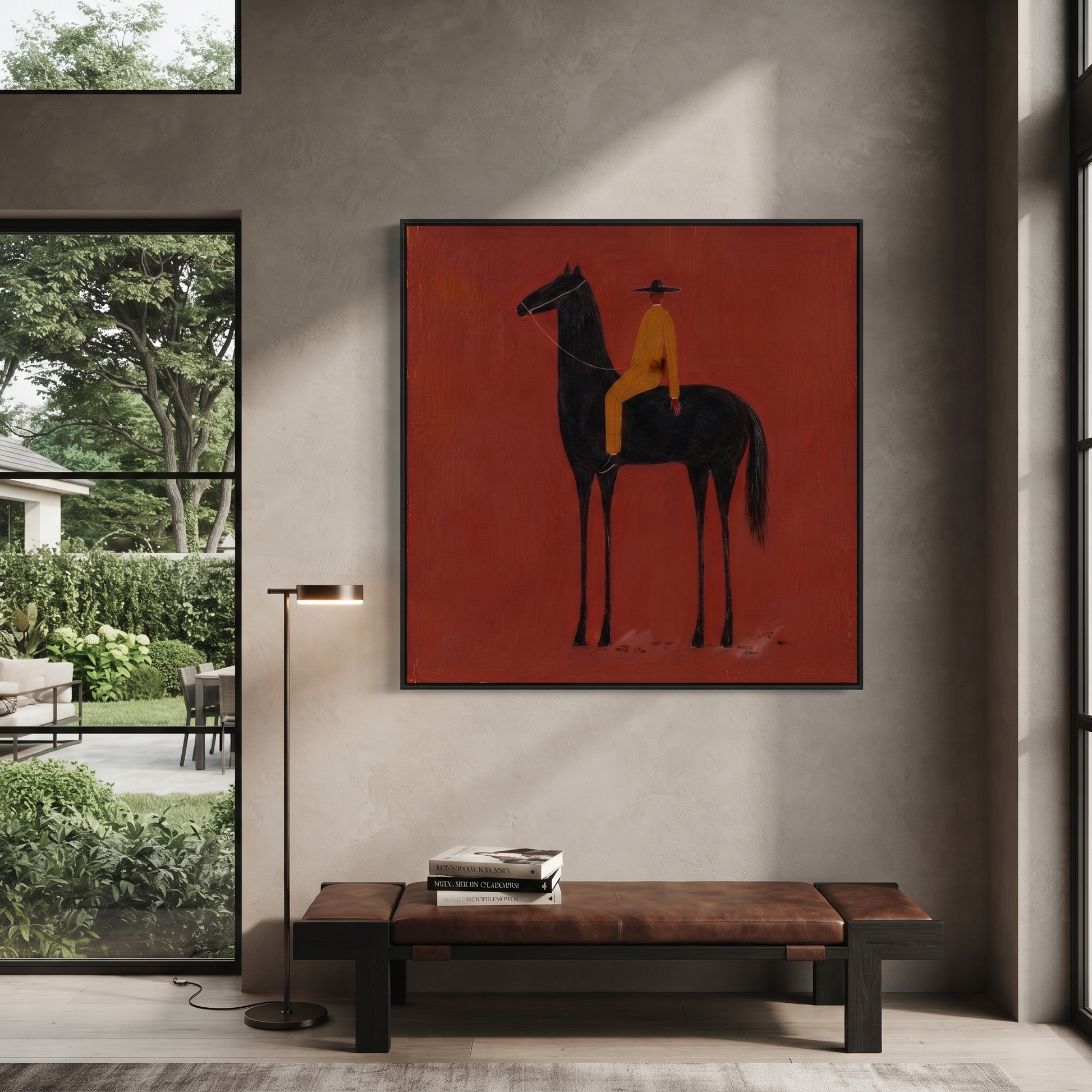 Ochre Stillness Fills the Red Square - black horse rider painting by Isabelle Laurent, modern Western square wall art – styled room scene view 2