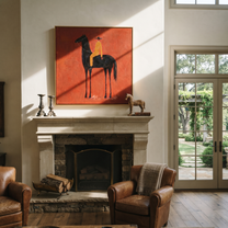 Ochre Stillness Fills the Red Square - black horse rider painting by Isabelle Laurent, modern Western square wall art – styled room scene view 3