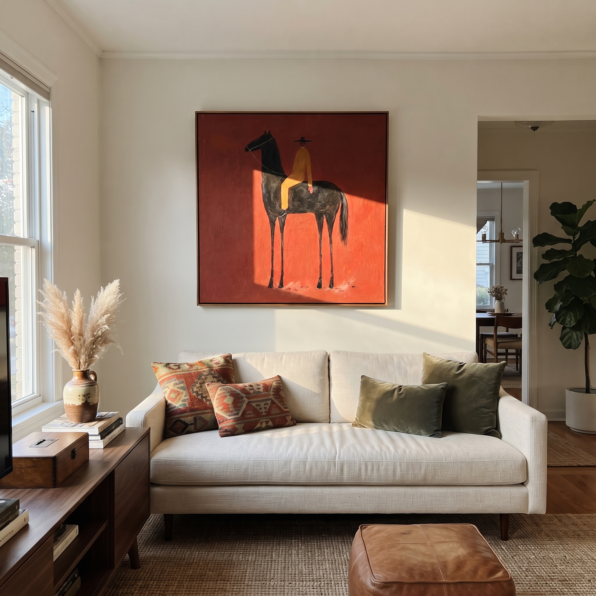 Ochre Stillness Fills the Red Square - black horse rider painting by Isabelle Laurent, modern Western square wall art – styled room scene view 4