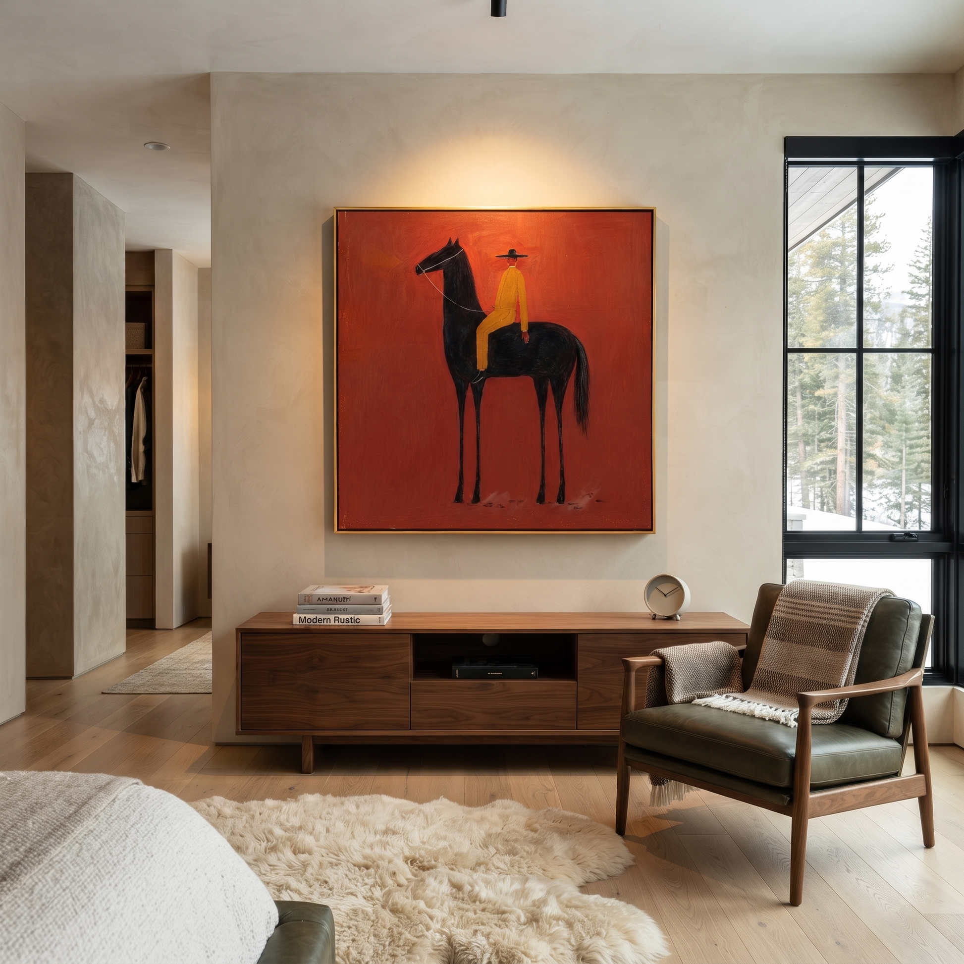 Ochre Stillness Fills the Red Square - black horse rider painting by Isabelle Laurent, modern Western square wall art – styled room scene view 5