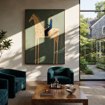 Blue Tailoring Rides the Pale Horse - cream horse rider painting by Isabelle Laurent, modern Western vertical wall art – styled room scene view 1