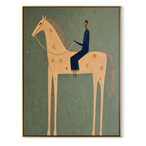 Blue Tailoring Rides the Pale Horse - cream horse rider painting by Isabelle Laurent, modern Western vertical wall art – wood frame on white background