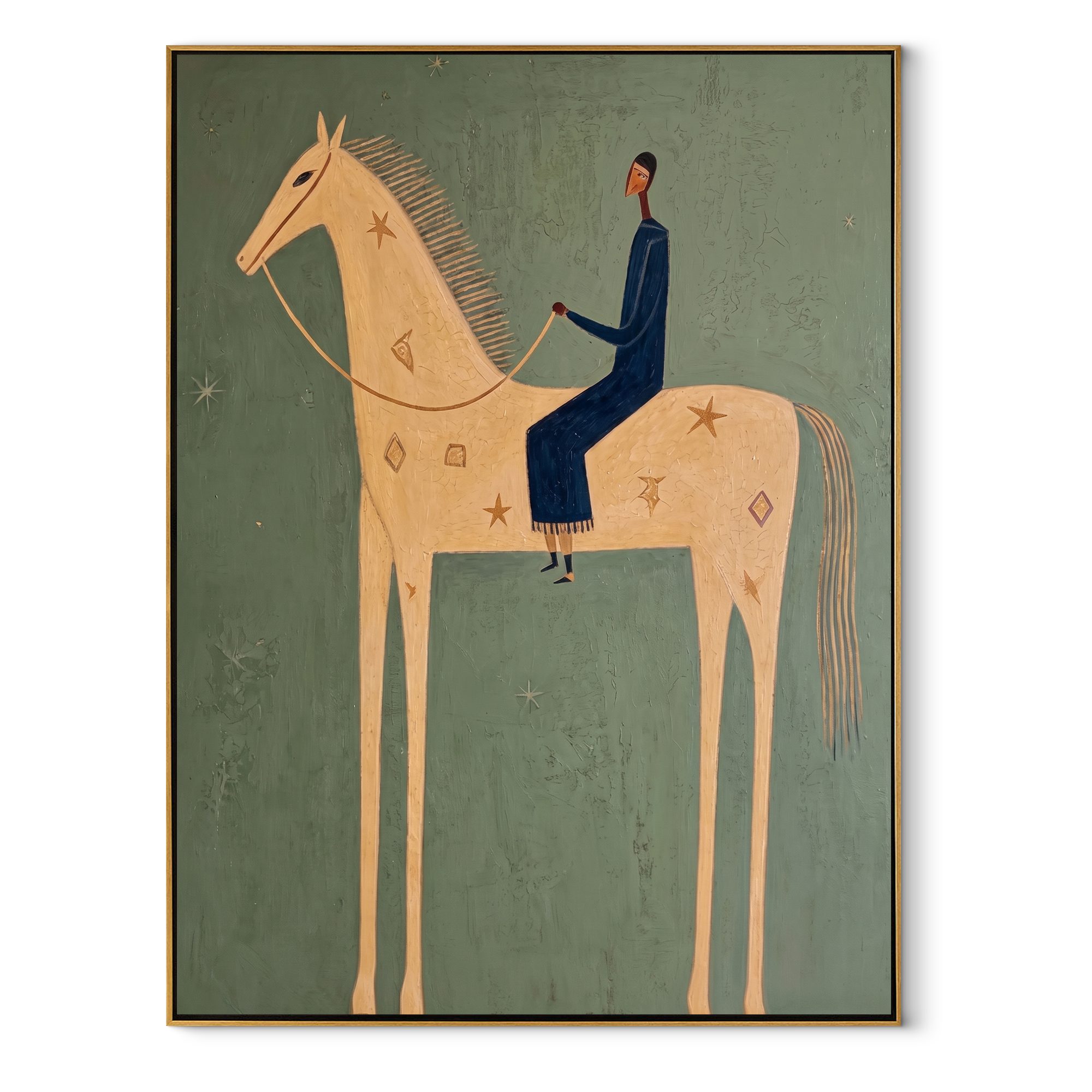 Blue Tailoring Rides the Pale Horse - cream horse rider painting by Isabelle Laurent, modern Western vertical wall art – wood frame on white background