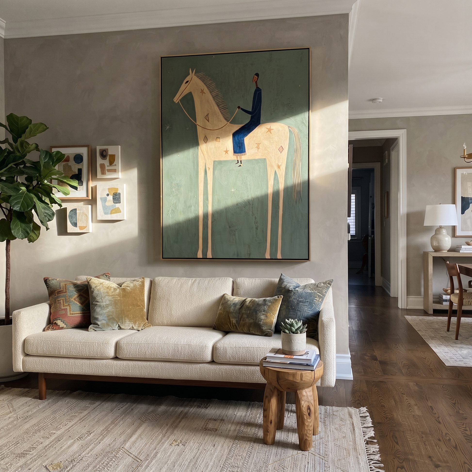 Blue Tailoring Rides the Pale Horse - cream horse rider painting by Isabelle Laurent, modern Western vertical wall art – styled room scene view 2