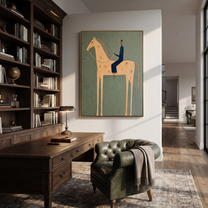 Blue Tailoring Rides the Pale Horse - cream horse rider painting by Isabelle Laurent, modern Western vertical wall art – styled room scene view 3
