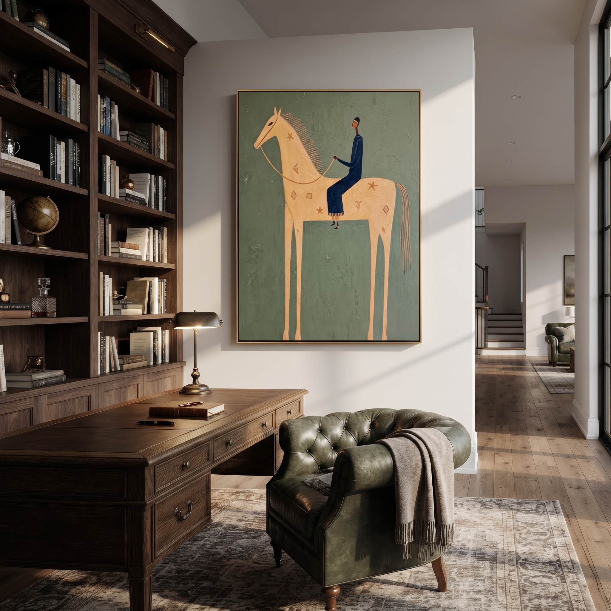 Blue Tailoring Rides the Pale Horse - cream horse rider painting by Isabelle Laurent, modern Western vertical wall art – styled room scene view 3