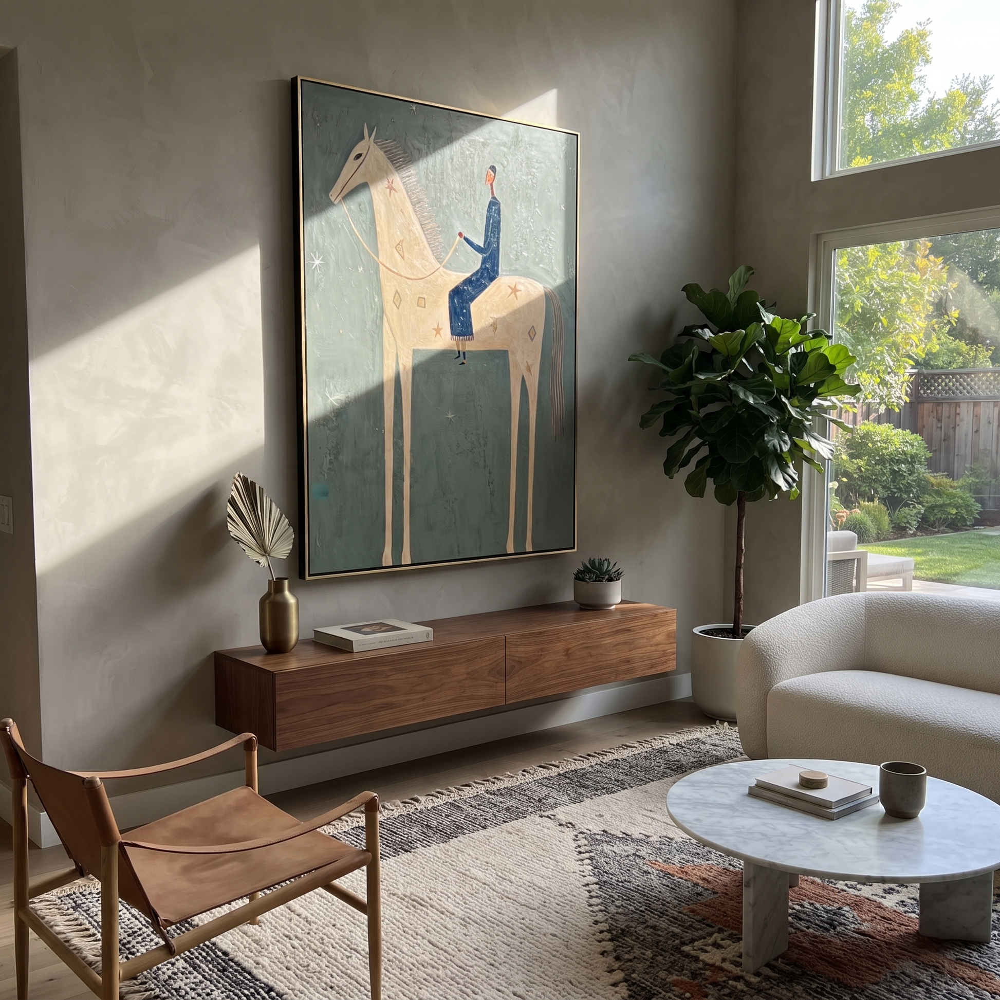 Blue Tailoring Rides the Pale Horse - cream horse rider painting by Isabelle Laurent, modern Western vertical wall art – styled room scene view 4