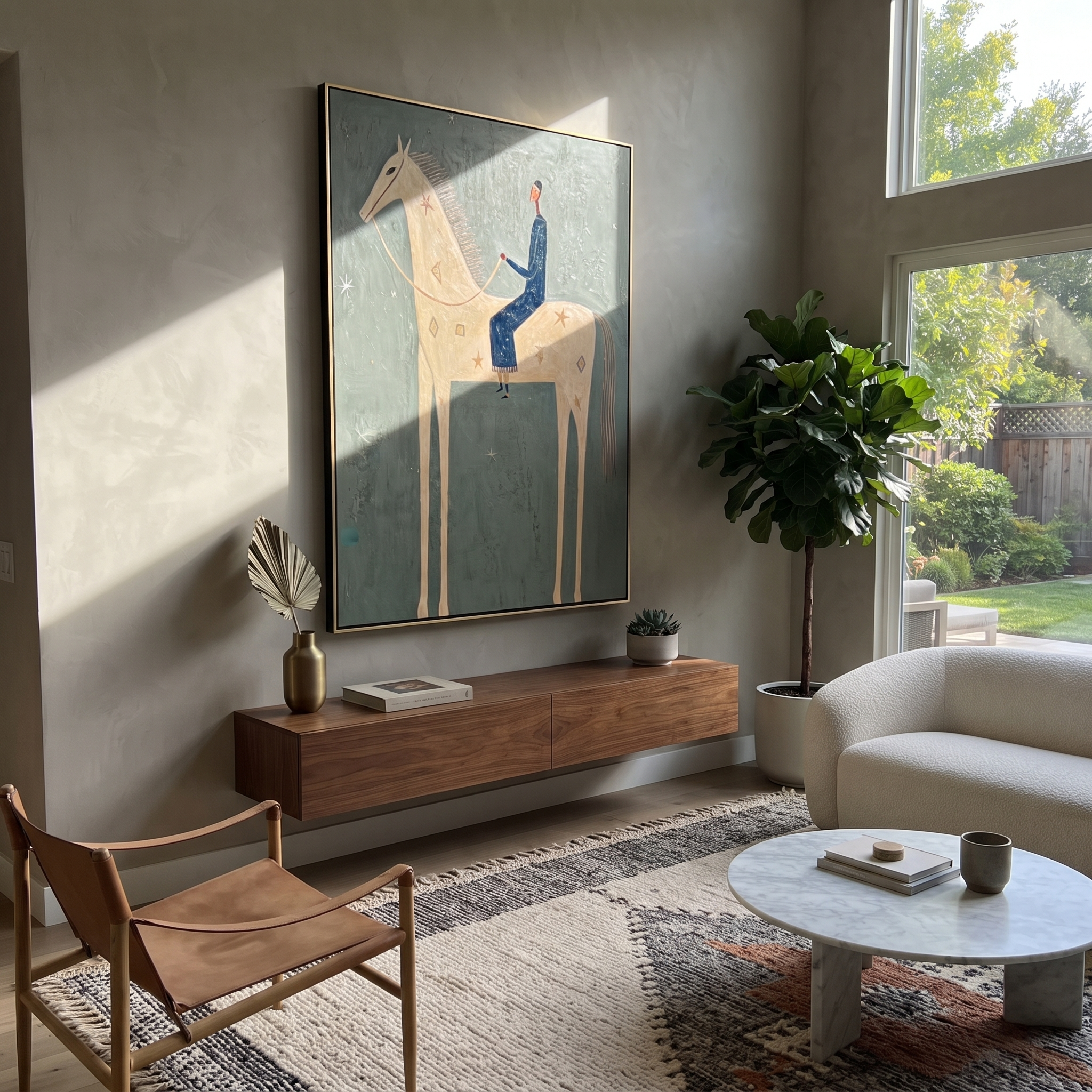 Blue Tailoring Rides the Pale Horse - cream horse rider painting by Isabelle Laurent, modern Western vertical wall art – styled room scene view 4