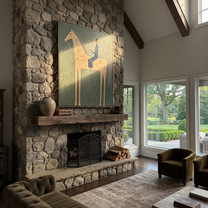 Blue Tailoring Rides the Pale Horse - cream horse rider painting by Isabelle Laurent, modern Western vertical wall art – styled room scene view 5
