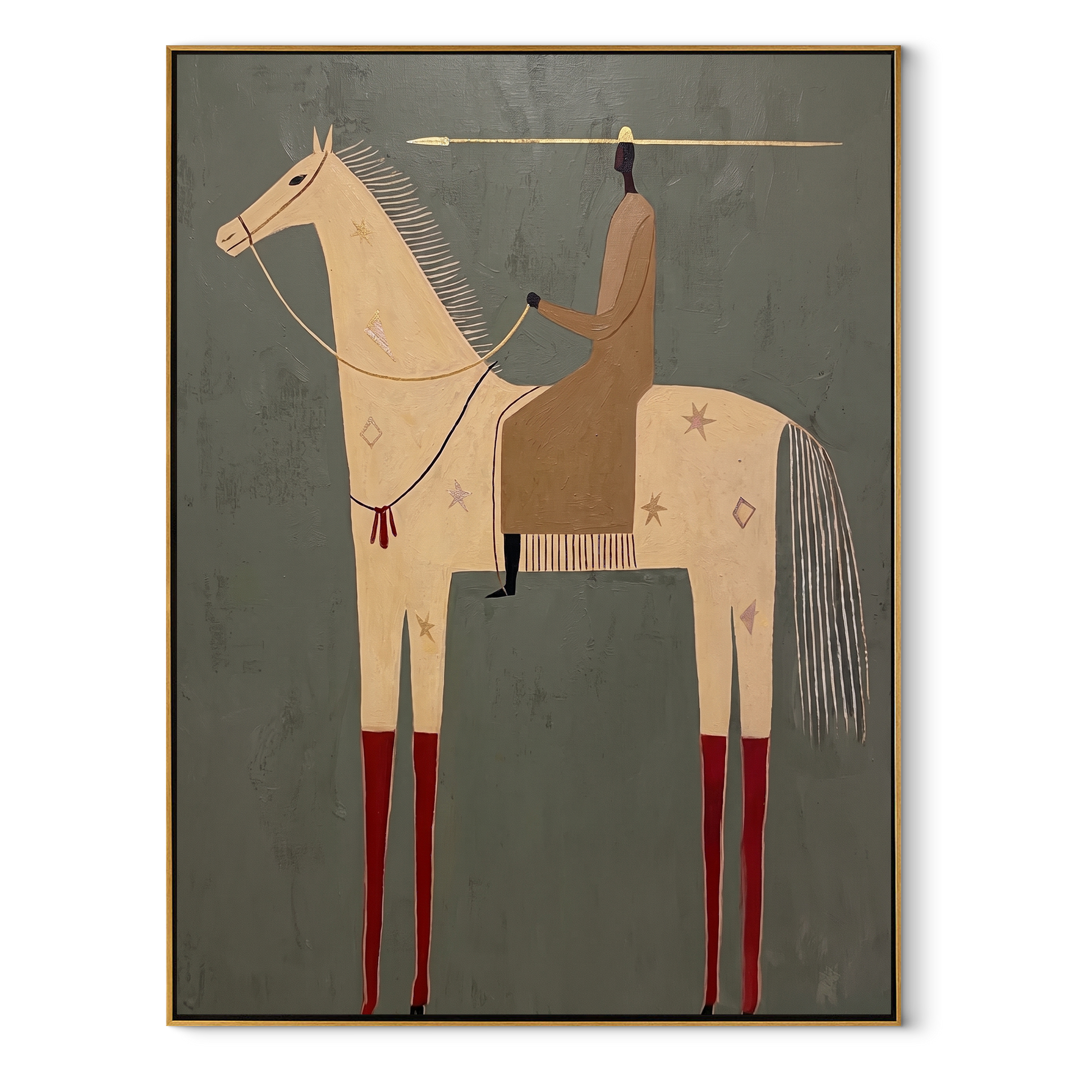 Red Boots Mark the White Horse - white horse rider painting by Isabelle Laurent, modern Western vertical wall art – wood frame on white background