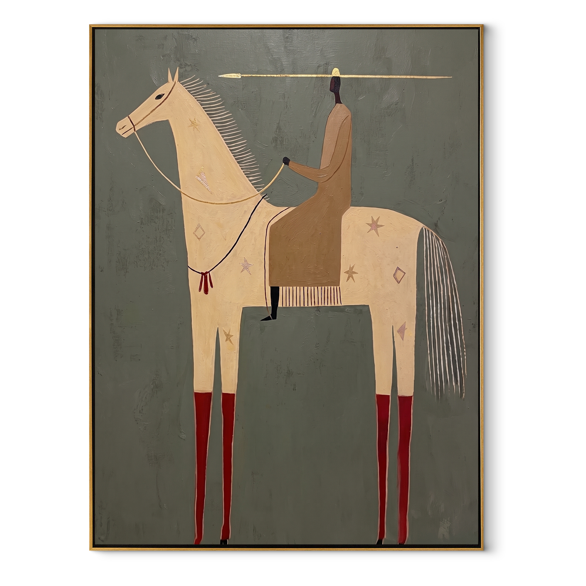 Red Boots Mark the White Horse - white horse rider painting by Isabelle Laurent, modern Western vertical wall art – wood frame on white background