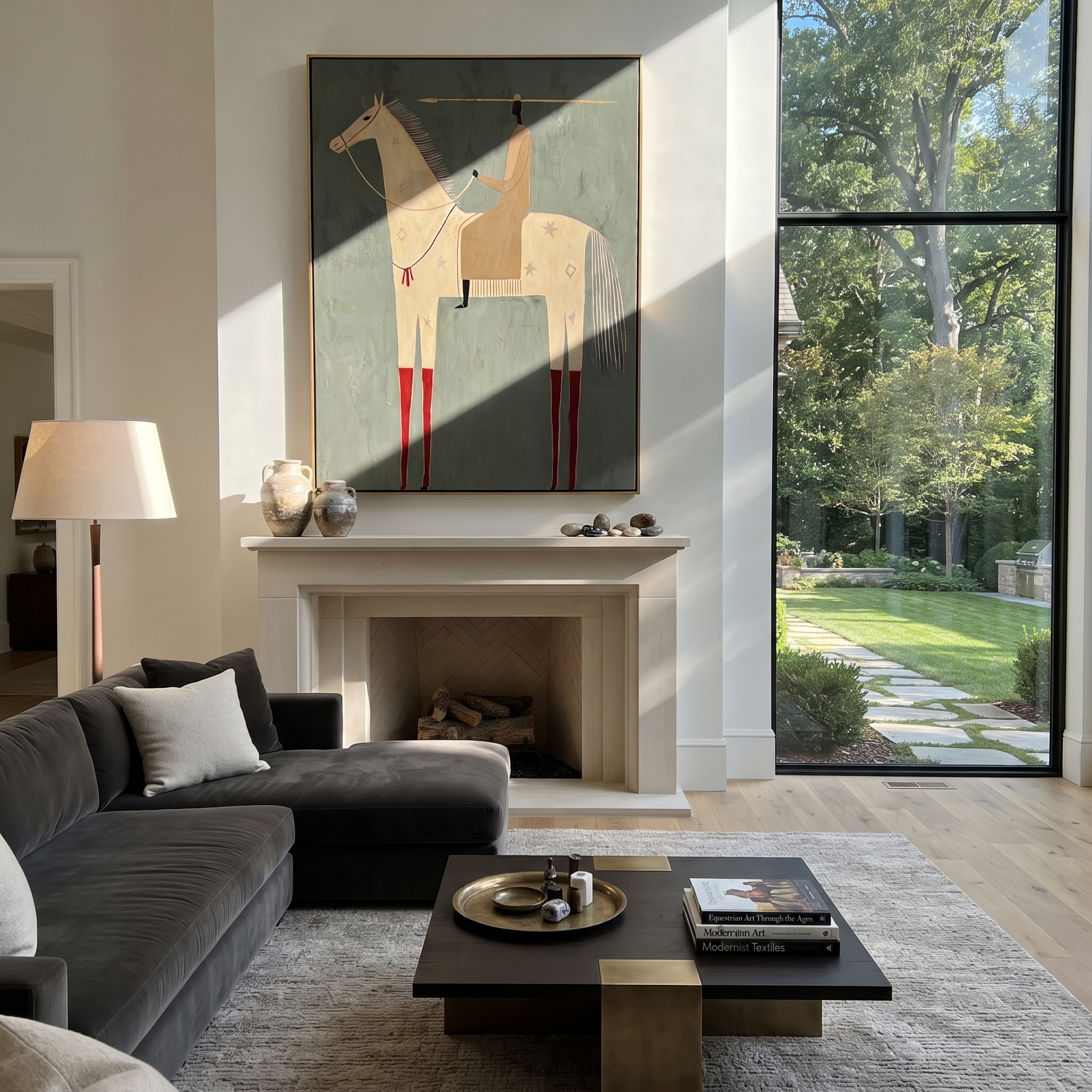 Red Boots Mark the White Horse - white horse rider painting by Isabelle Laurent, modern Western vertical wall art – styled room scene view 2