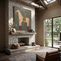 Red Boots Mark the White Horse - white horse rider painting by Isabelle Laurent, modern Western vertical wall art – styled room scene view 3