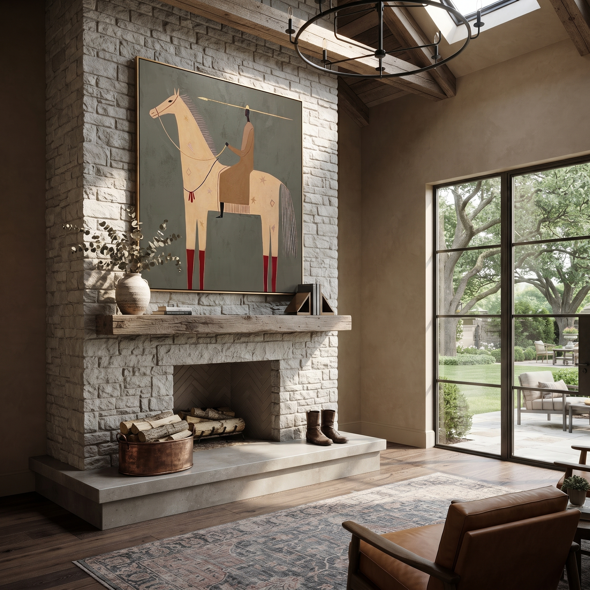 Red Boots Mark the White Horse - white horse rider painting by Isabelle Laurent, modern Western vertical wall art – styled room scene view 3