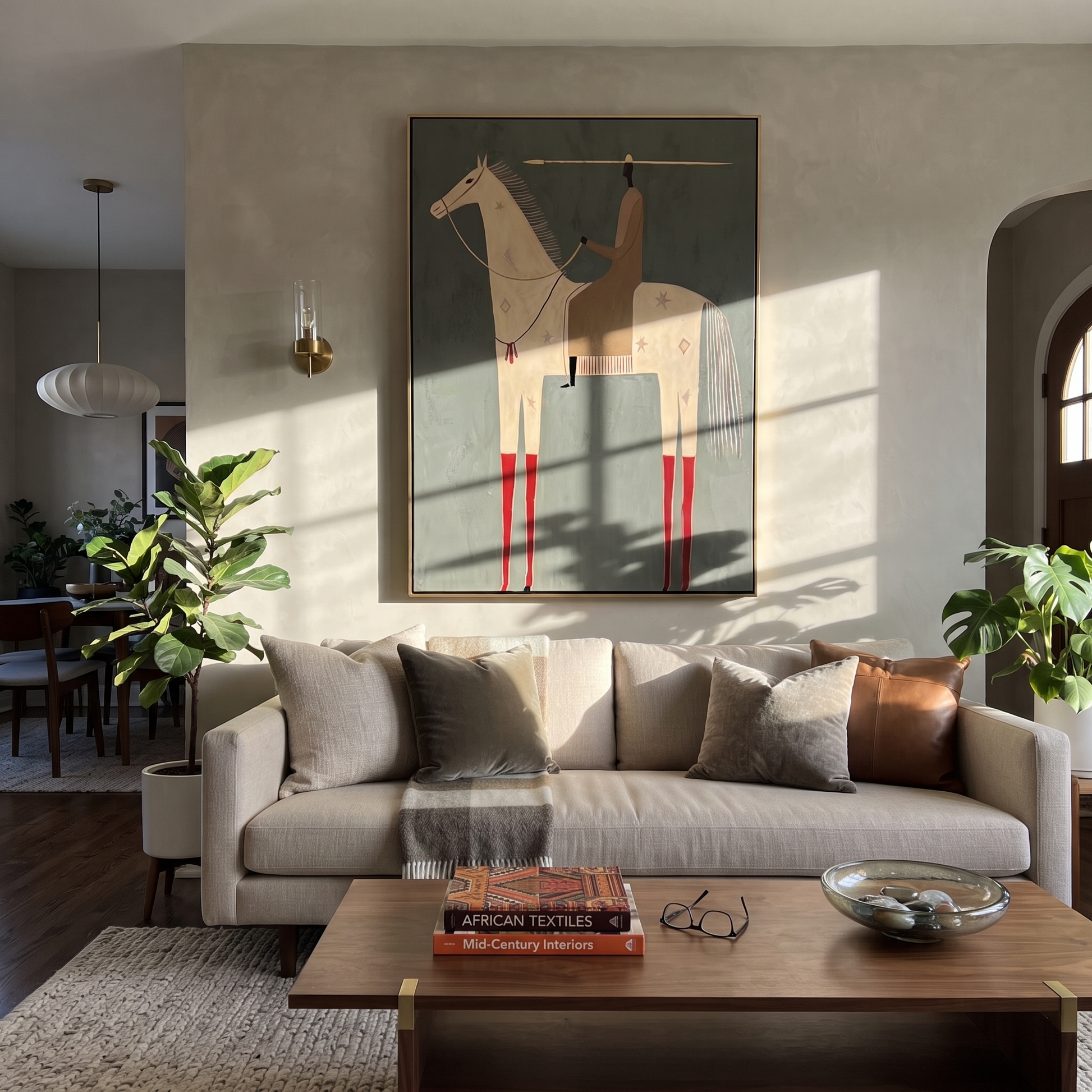 Red Boots Mark the White Horse - white horse rider painting by Isabelle Laurent, modern Western vertical wall art – styled room scene view 4