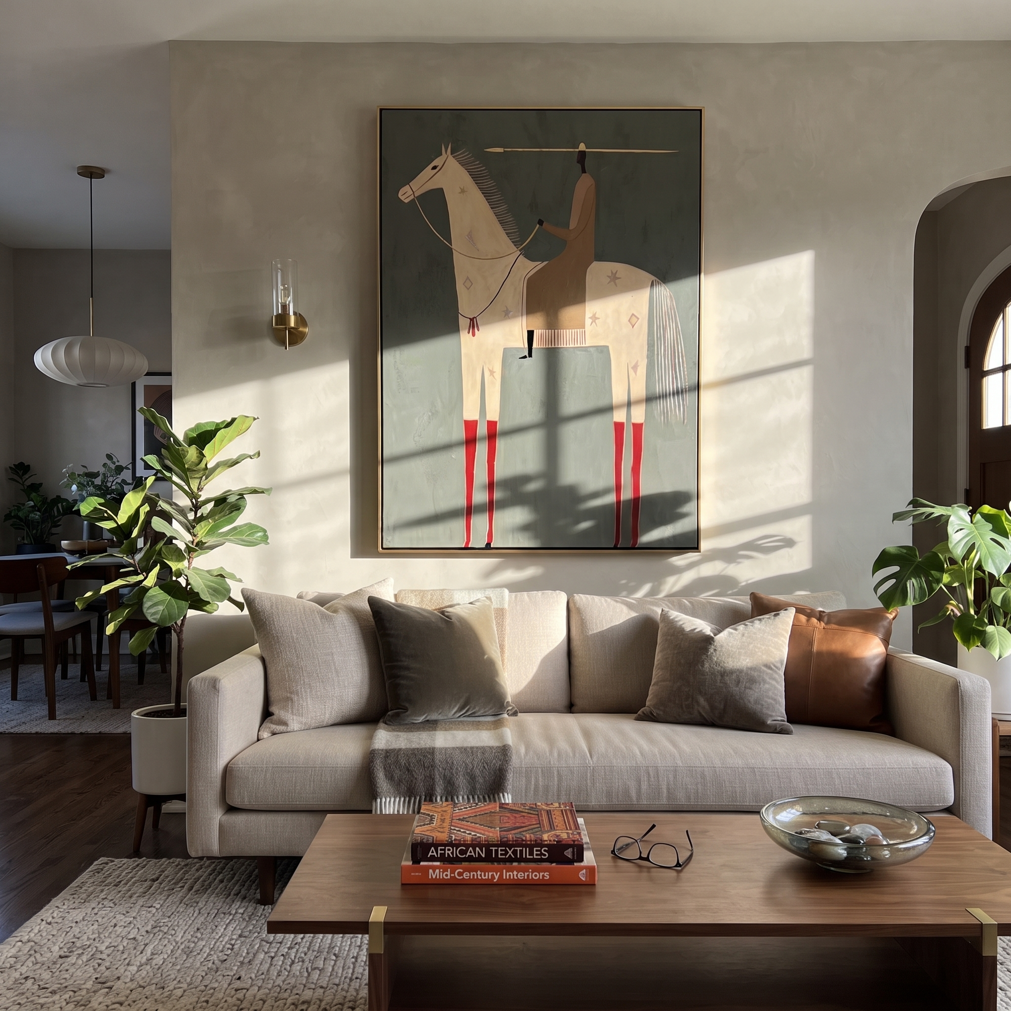 Red Boots Mark the White Horse - white horse rider painting by Isabelle Laurent, modern Western vertical wall art – styled room scene view 4