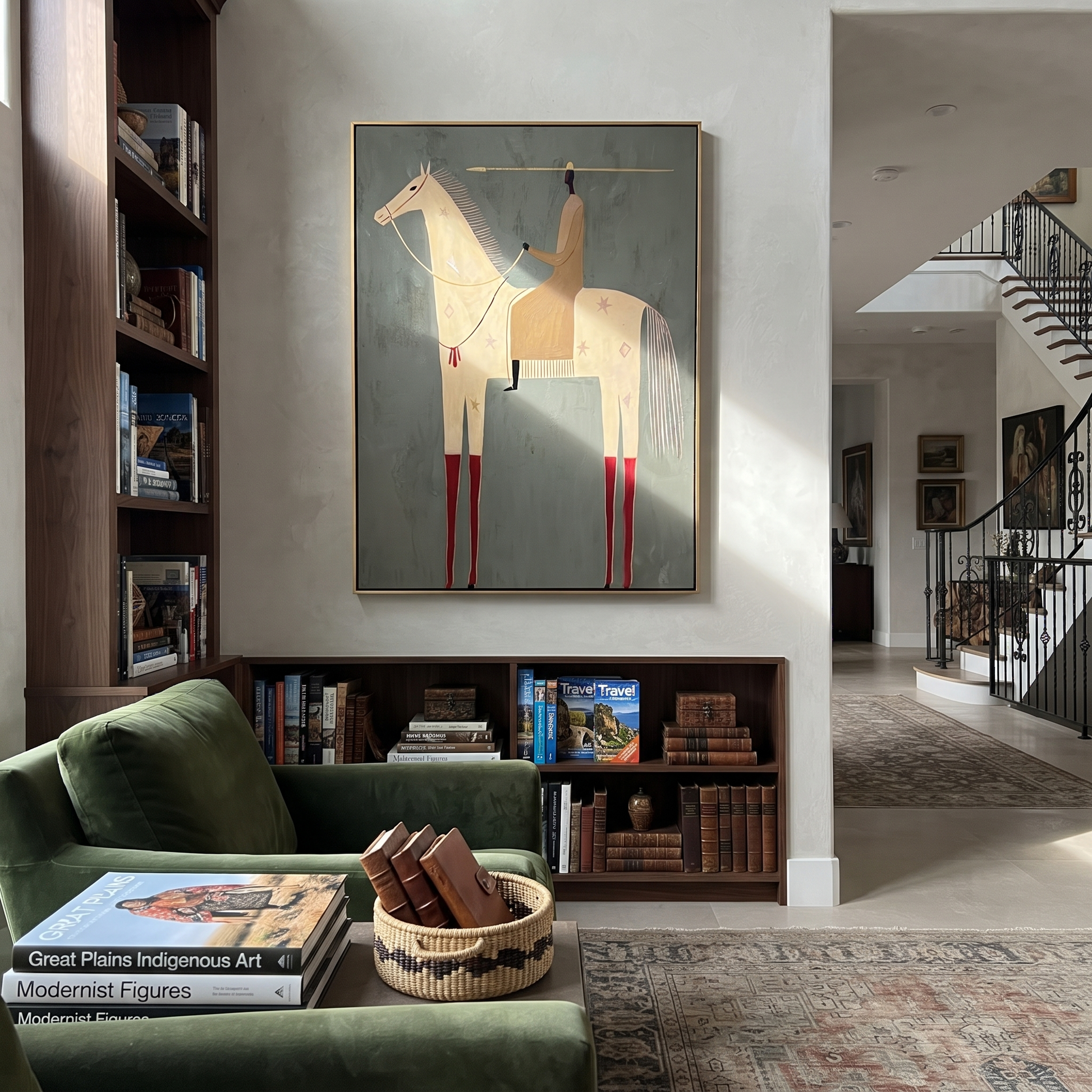 Red Boots Mark the White Horse - white horse rider painting by Isabelle Laurent, modern Western vertical wall art – styled room scene view 5