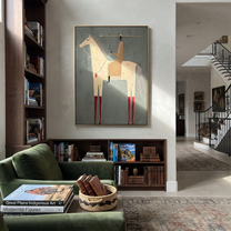 Red Boots Mark the White Horse - white horse rider painting by Isabelle Laurent, modern Western vertical wall art – styled room scene view 5