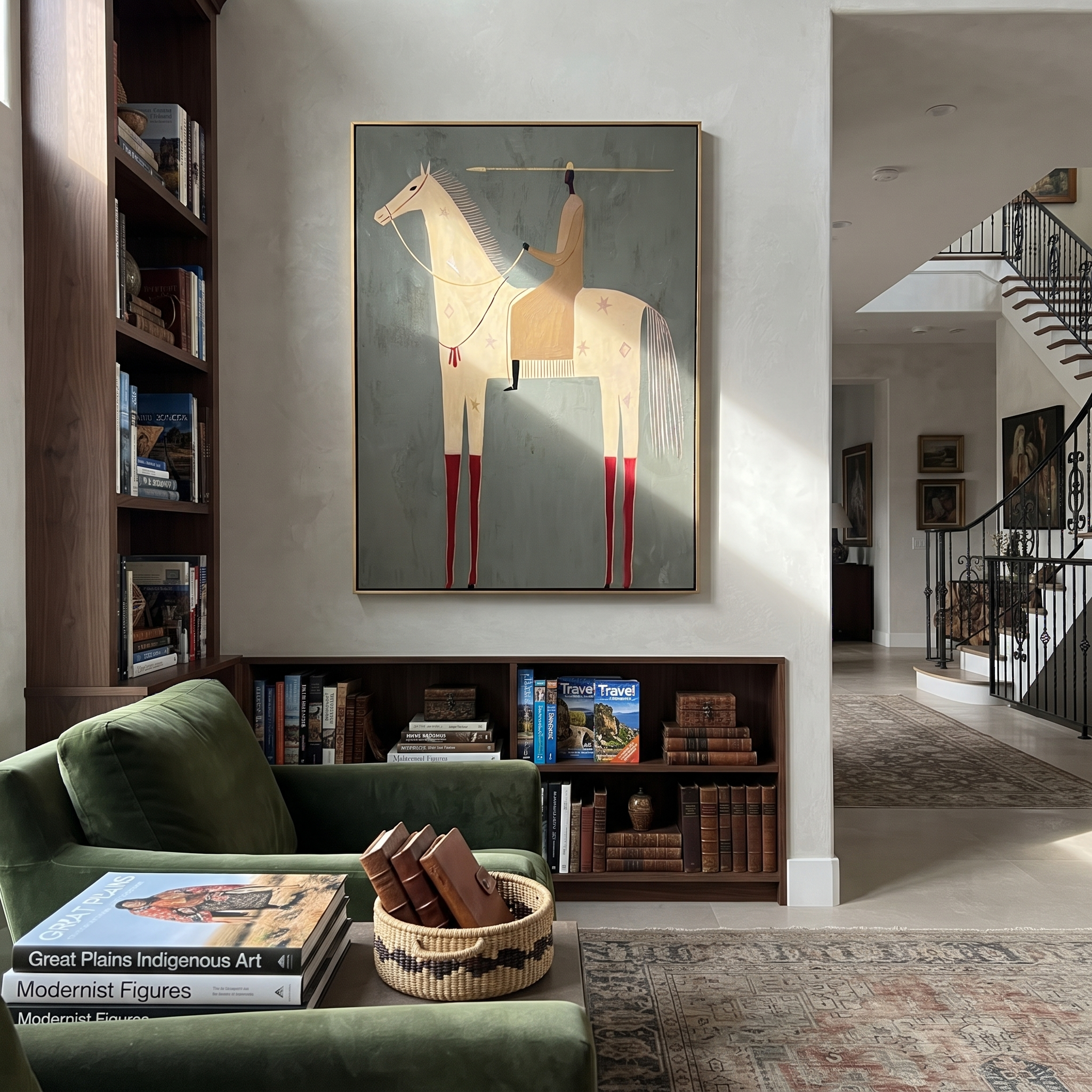 Red Boots Mark the White Horse - white horse rider painting by Isabelle Laurent, modern Western vertical wall art – styled room scene view 5