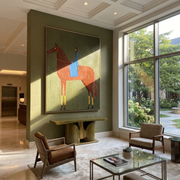 Blue Fabric Rests on the Chestnut Horse - chestnut horse rider painting by Isabelle Laurent, modern Western vertical wall art – styled room scene view 1