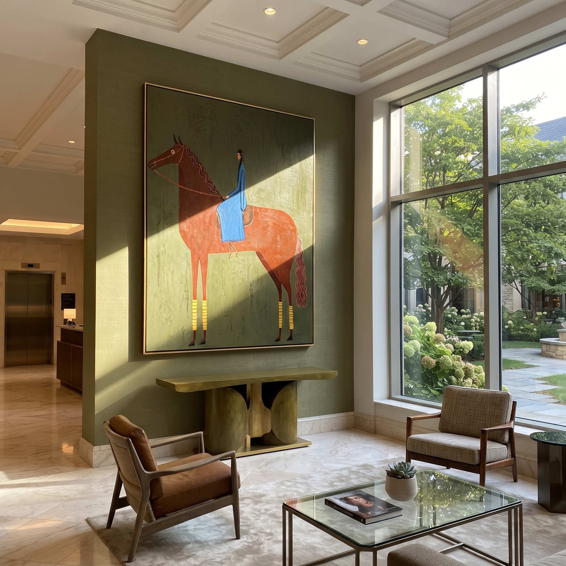 Blue Fabric Rests on the Chestnut Horse - chestnut horse rider painting by Isabelle Laurent, modern Western vertical wall art – styled room scene view 1
