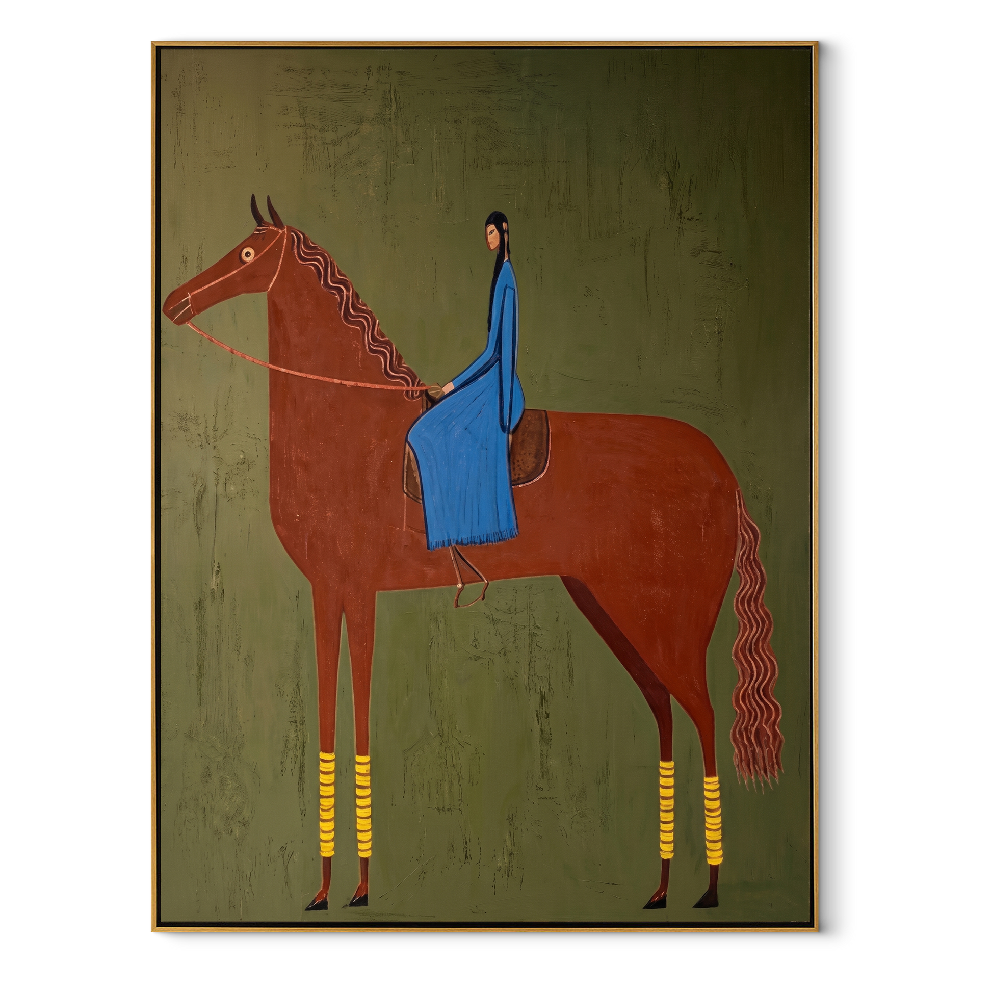 Blue Fabric Rests on the Chestnut Horse - chestnut horse rider painting by Isabelle Laurent, modern Western vertical wall art – wood frame on white background