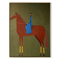 Blue Fabric Rests on the Chestnut Horse - chestnut horse rider painting by Isabelle Laurent, modern Western vertical wall art – wood frame on white background