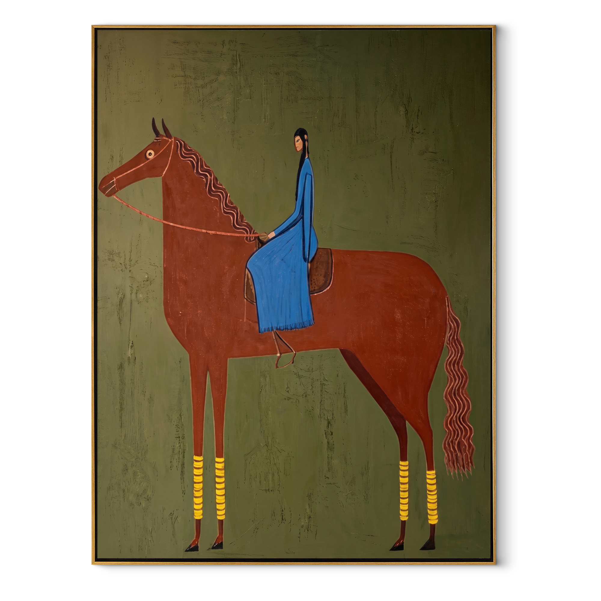 Blue Fabric Rests on the Chestnut Horse - chestnut horse rider painting by Isabelle Laurent, modern Western vertical wall art – wood frame on white background