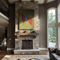 Blue Fabric Rests on the Chestnut Horse - chestnut horse rider painting by Isabelle Laurent, modern Western vertical wall art – styled room scene view 2