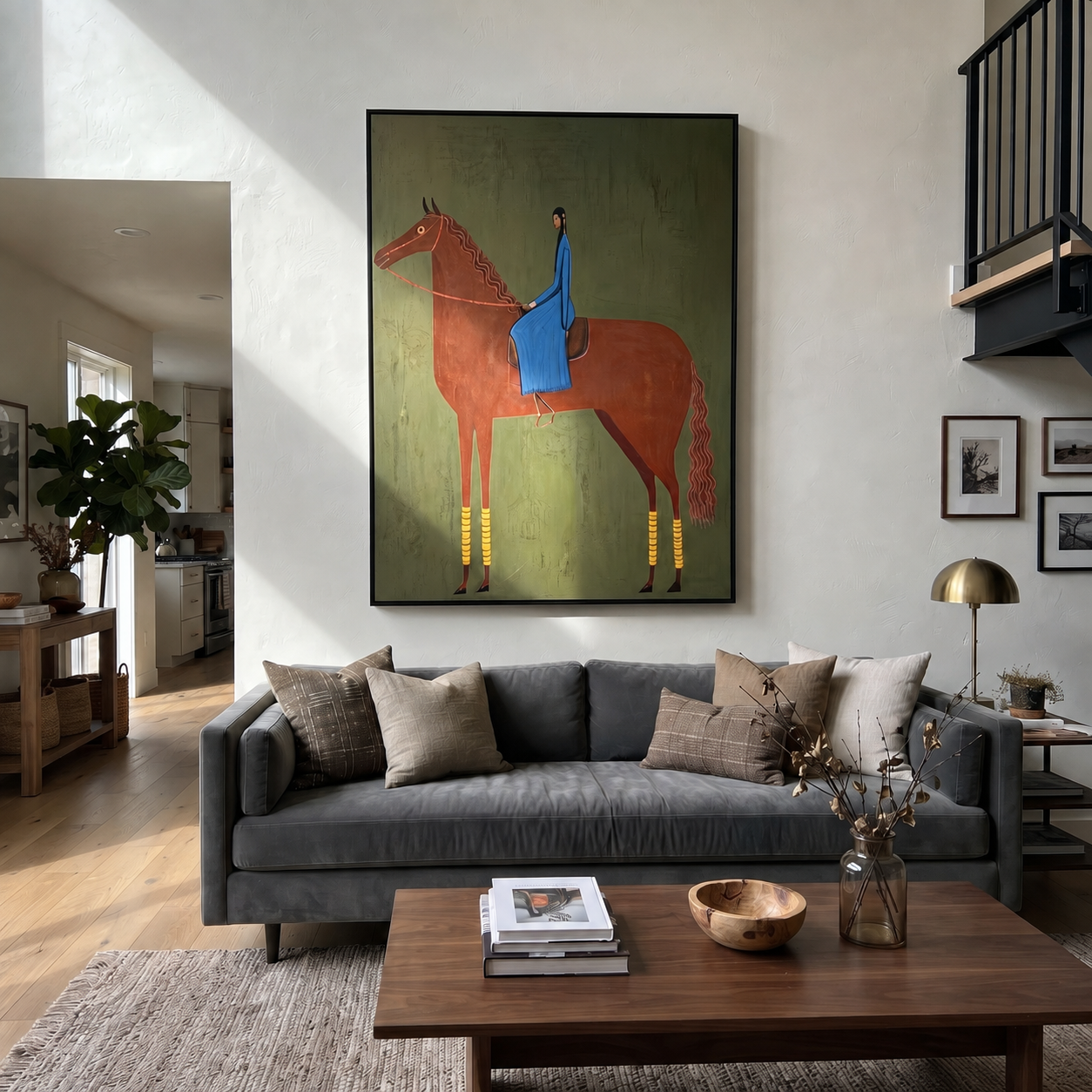 Blue Fabric Rests on the Chestnut Horse - chestnut horse rider painting by Isabelle Laurent, modern Western vertical wall art – styled room scene view 3