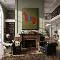 Blue Fabric Rests on the Chestnut Horse - chestnut horse rider painting by Isabelle Laurent, modern Western vertical wall art – styled room scene view 4