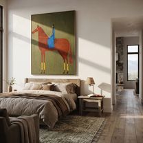 Blue Fabric Rests on the Chestnut Horse - chestnut horse rider painting by Isabelle Laurent, modern Western vertical wall art – styled room scene view 5