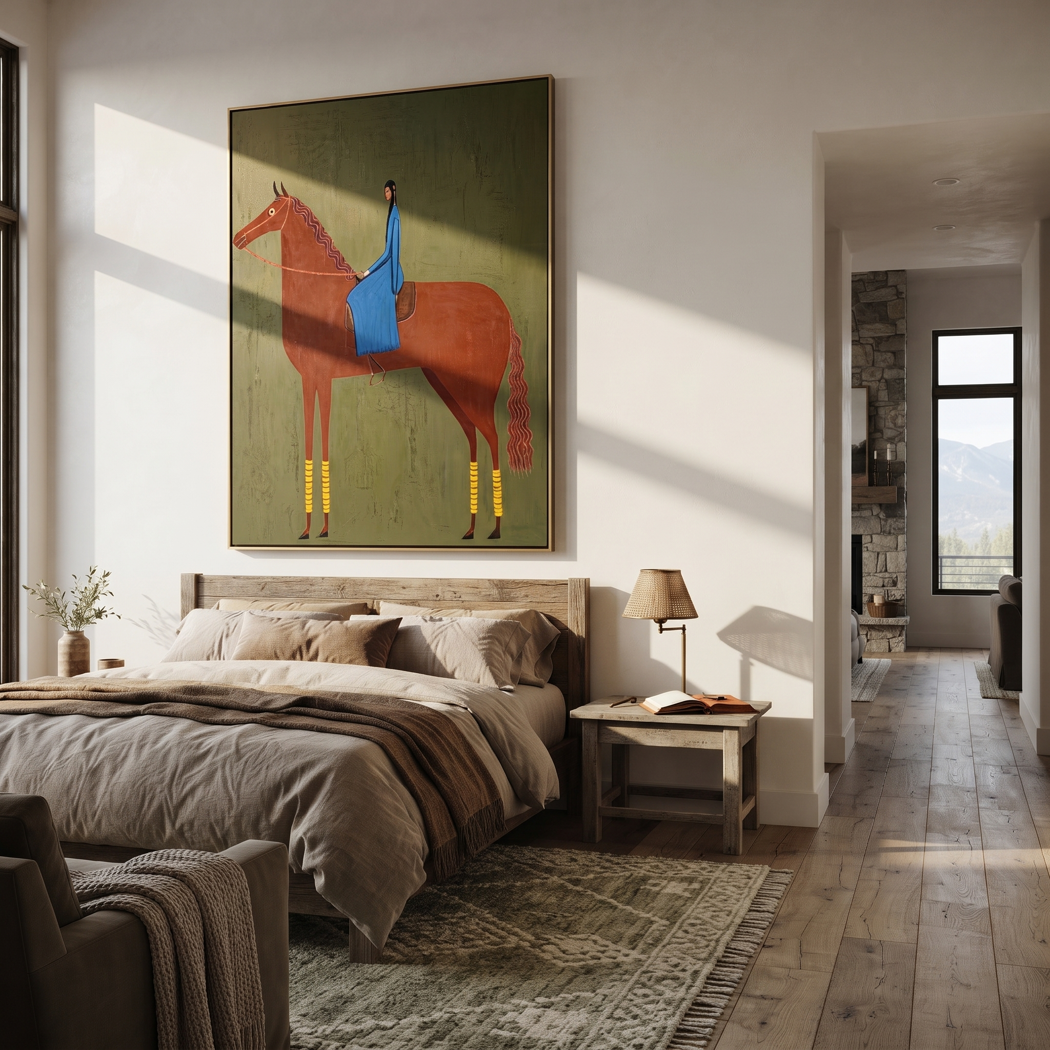Blue Fabric Rests on the Chestnut Horse - chestnut horse rider painting by Isabelle Laurent, modern Western vertical wall art – styled room scene view 5