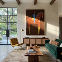 Blue Rider Meets the Red Horse - red horse rider painting by Isabelle Laurent, modern Western vertical wall art – styled room scene view 1