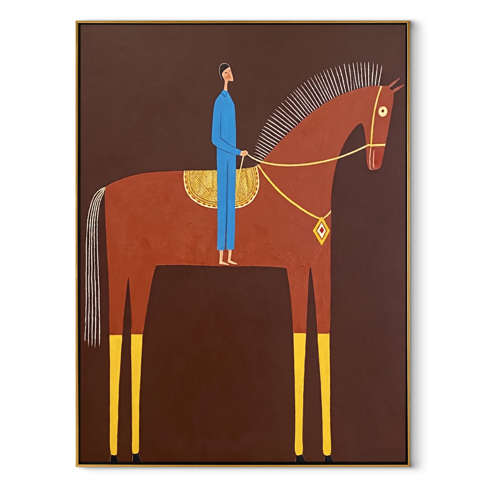 Blue Rider Meets the Red Horse - red horse rider painting by Isabelle Laurent, modern Western vertical wall art – wood frame on white background